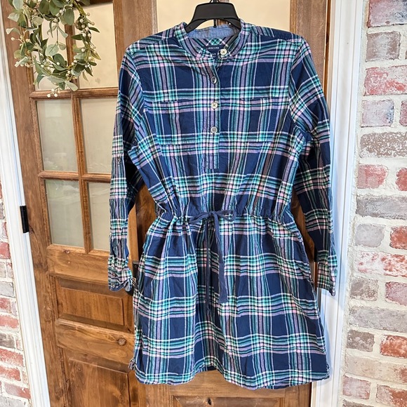 Lands' End Dresses & Skirts - Lands' End Shirt Dress Women 14P Blue Green Plaid Cotton Drawstring Waist Pocket
